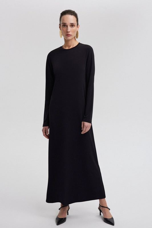 TOUCHÉ - Dames Midi - Maxi Basic Lange Jurk Met Lange Mouven Zwart en Beige